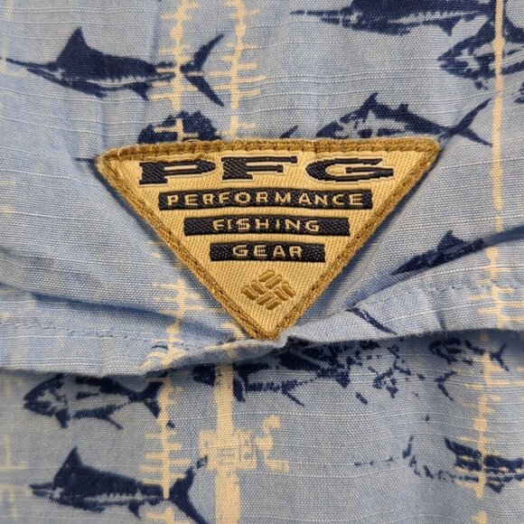 Columbia Mens PFG Shirt L Blue Button Up Fishing Short Sleeve Marlin Tuna Fish - Picture 7 of 13